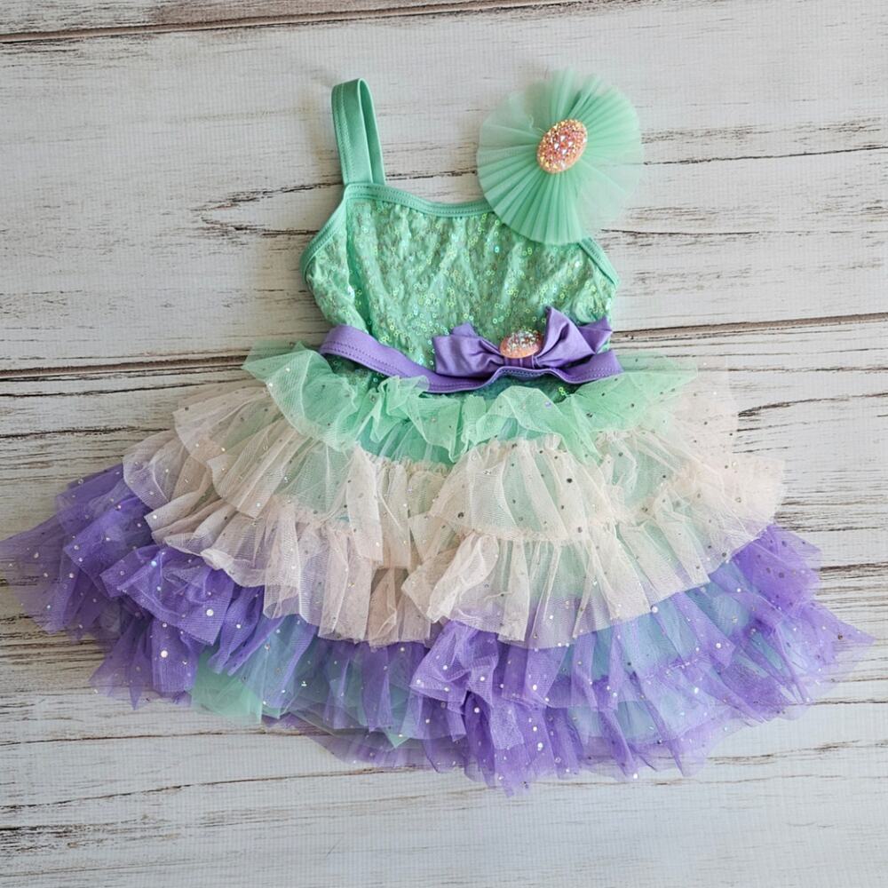 Kids Sparkling Green and Purple Dance Costume